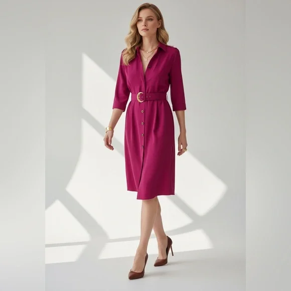 ✨S.L. Petites Hot Pink Belted Shirt Dress - Picture 1 of 9